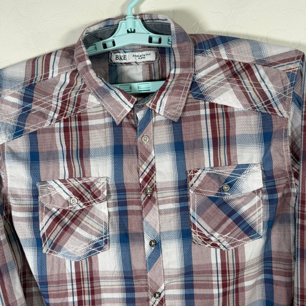 BKE Shirt Mens XL Blue Red Plaid Athletic Fit Long Sleeve Western Button Up